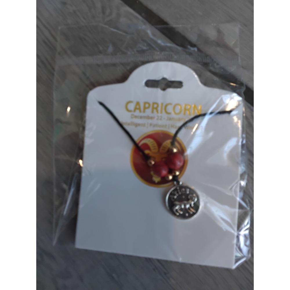 Aries Zodiac Charm Necklace Silver Tone Coin Pendant Red Beads Black Cord New‎